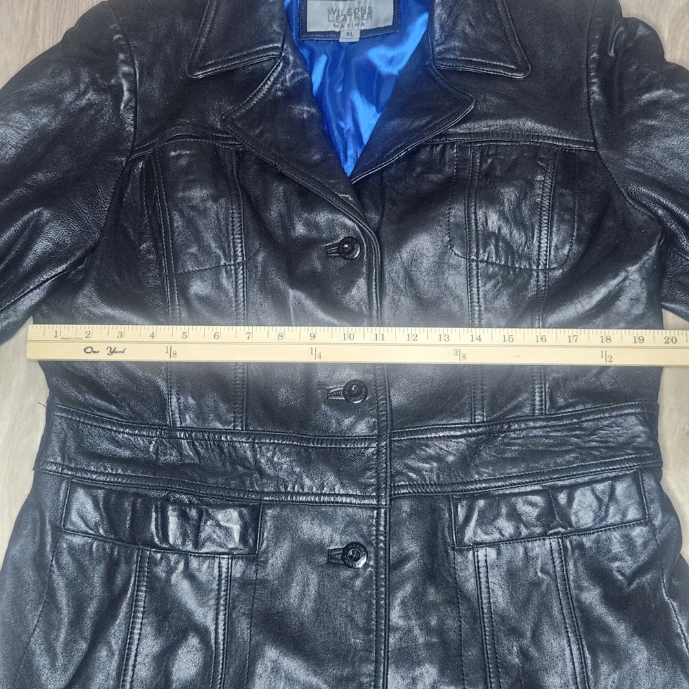 Vintage Wilsons Leather Maxima Trench Coat Women's XL Black Blue Lining Y2K 90s - Picture 9 of 14